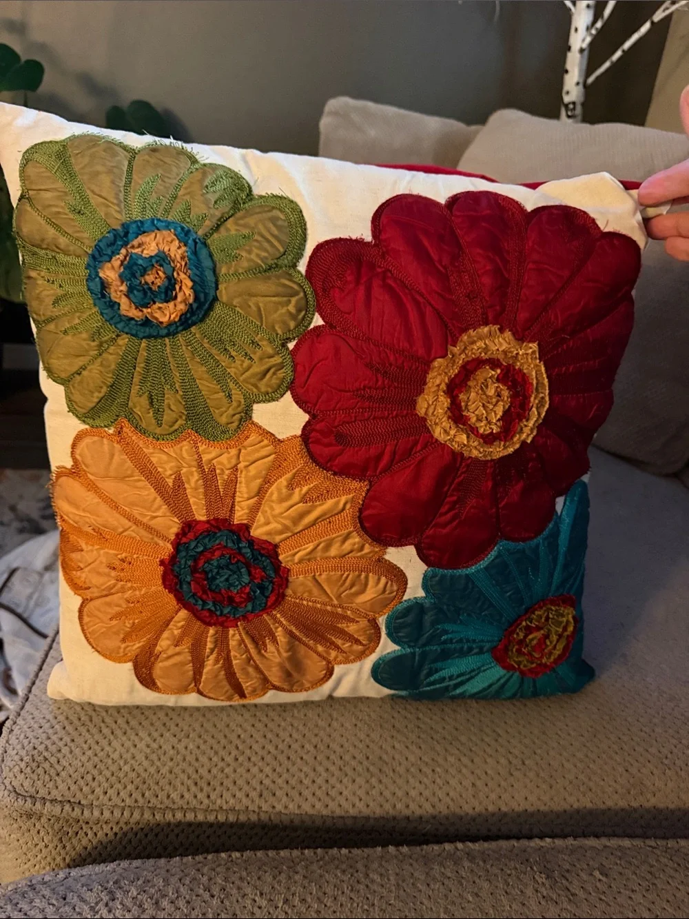 Decorative Floral Appliqué Throw Pillow - Multicolor